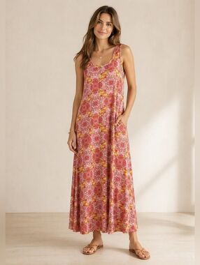 Soft Surroundings Santiago Medallion‎ Maxi Dress Pink Jersey Knit Large 2EE22